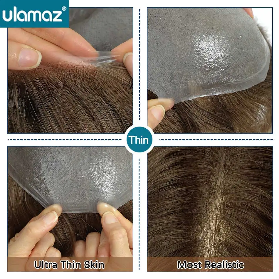 Undetectable Male Hair Prosthesis 0.02-0.03mm Ultra Thin Skin Toupee Human Hair Men's Wig 80% Density Realistic Man Hair System