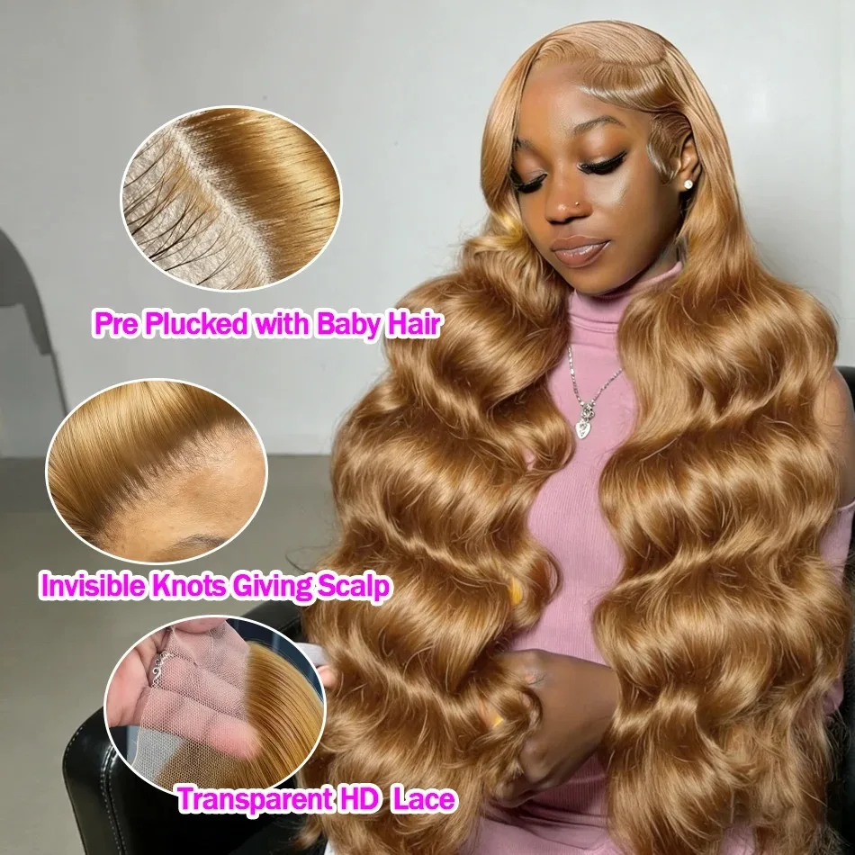 220% Body Wave 27# Honey Blonde 13x6 HD Lace Front Human Hair Wigs 32 Inch Brazilian 13x4 Preplucked Colored Lace Frontal Wigs