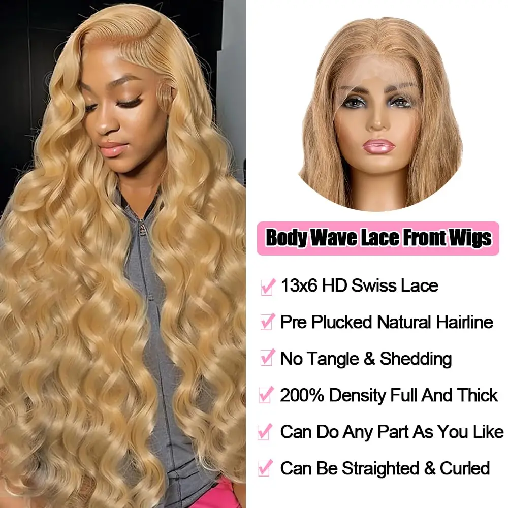 220% Body Wave 27# Honey Blonde 13x6 HD Lace Front Human Hair Wigs 32 Inch Brazilian 13x4 Preplucked Colored Lace Frontal Wigs