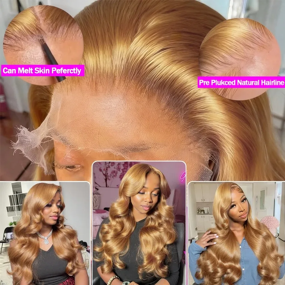 220% Body Wave 27# Honey Blonde 13x6 HD Lace Front Human Hair Wigs 32 Inch Brazilian 13x4 Preplucked Colored Lace Frontal Wigs
