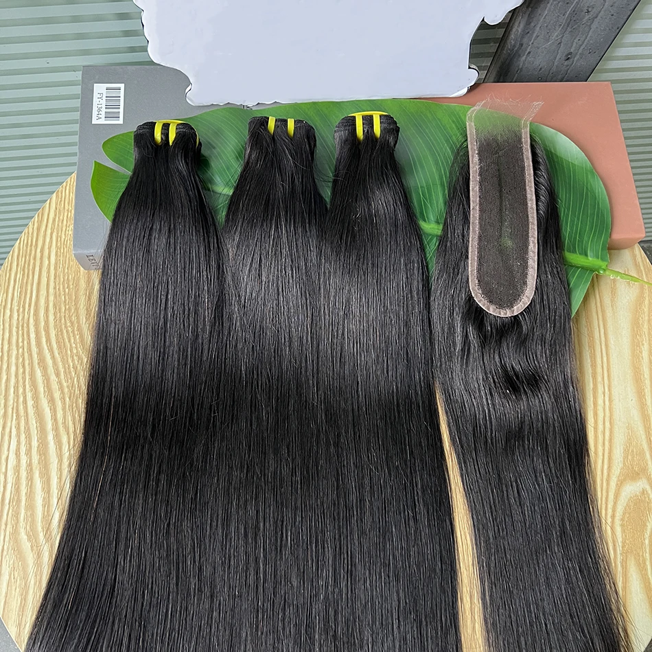 Straight Bundles With 2x6 HD Invisible Lace Closure Human Hair Natural Color Vietnamese Raw Hair Weaving Extensions For Women