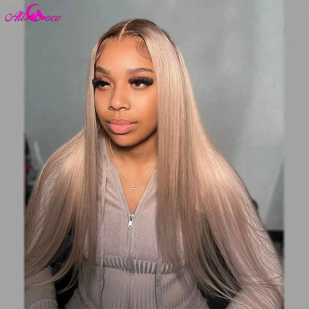 200 Density Ombre Ash Blonde Brown Roots 13x4 Lace Front Straight Wig Transparent Lace Front Human Remy Hair Wigs for Women