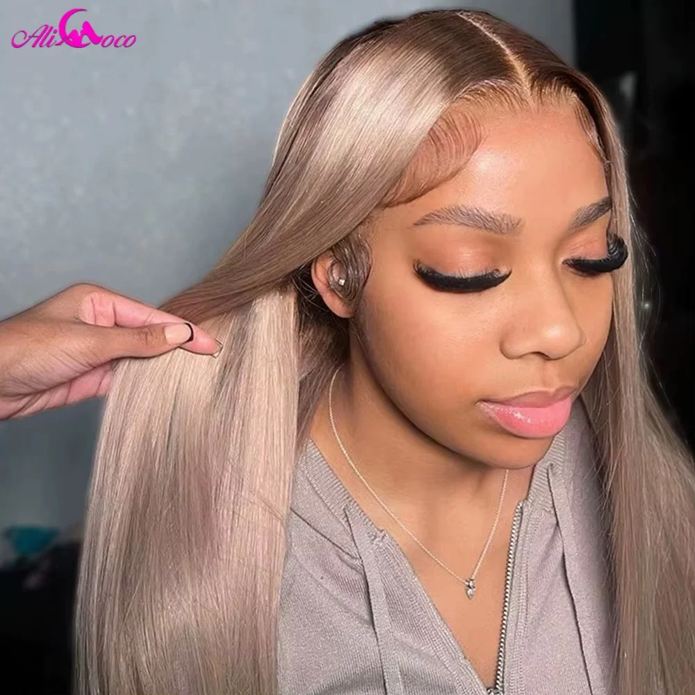 200 Density Ombre Ash Blonde Brown Roots 13x4 Lace Front Straight Wig Transparent Lace Front Human Remy Hair Wigs for Women