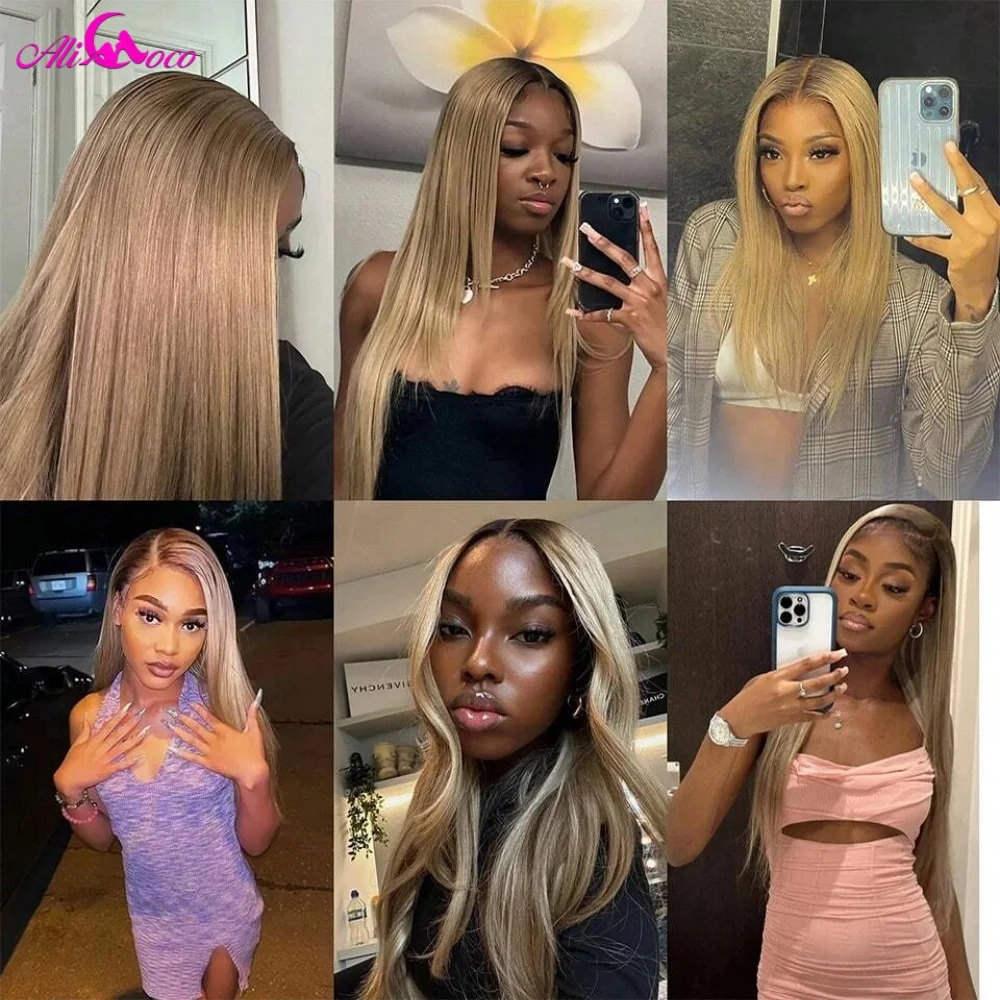200 Density Ombre Ash Blonde Brown Roots 13x4 Lace Front Straight Wig Transparent Lace Front Human Remy Hair Wigs for Women