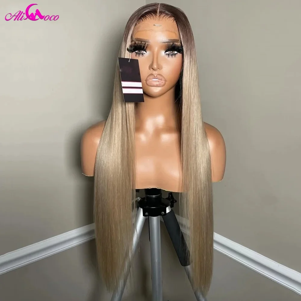 200 Density Ombre Ash Blonde Brown Roots 13x4 Lace Front Straight Wig Transparent Lace Front Human Remy Hair Wigs for Women
