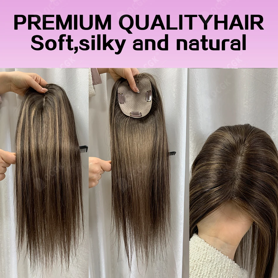 17" Human Hair Topper Straight 10x12cm Base Mushroom Brown Highlight Clip in Hairpieces for Women with Thinning Hair Add Volume