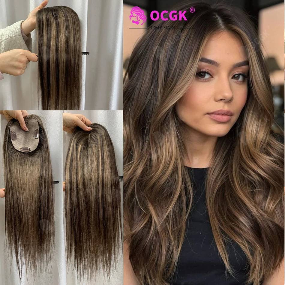 17" Human Hair Topper Straight 10x12cm Base Mushroom Brown Highlight Clip in Hairpieces for Women with Thinning Hair Add Volume