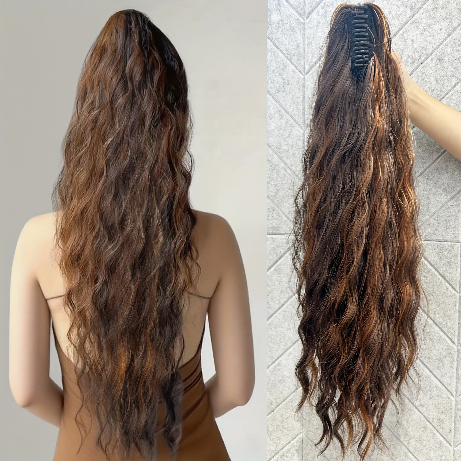 Synthetic Water Wave Claw Clip Ponytail Black Blonde Heat Resistant Fiber Fluffy Messy Ponytail Hair Extensions For Women