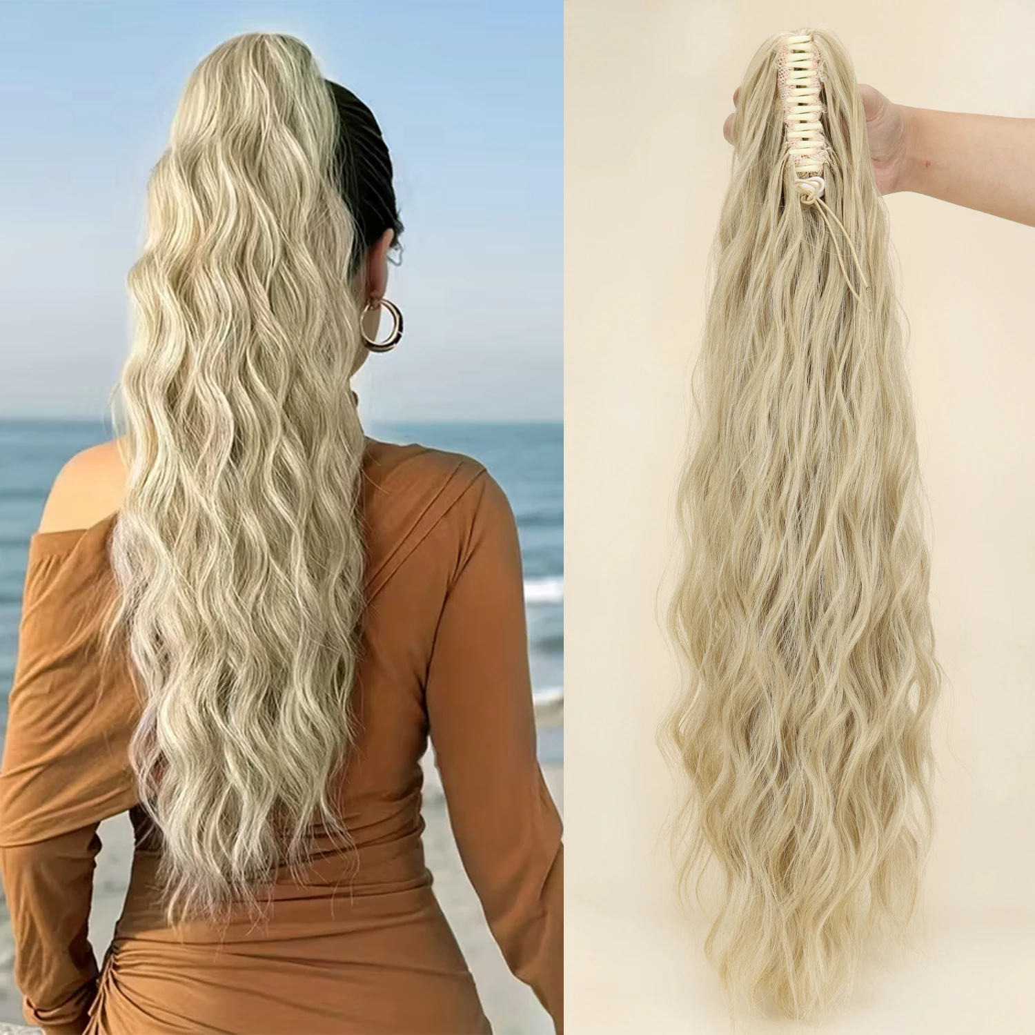 Synthetic Water Wave Claw Clip Ponytail Black Blonde Heat Resistant Fiber Fluffy Messy Ponytail Hair Extensions For Women