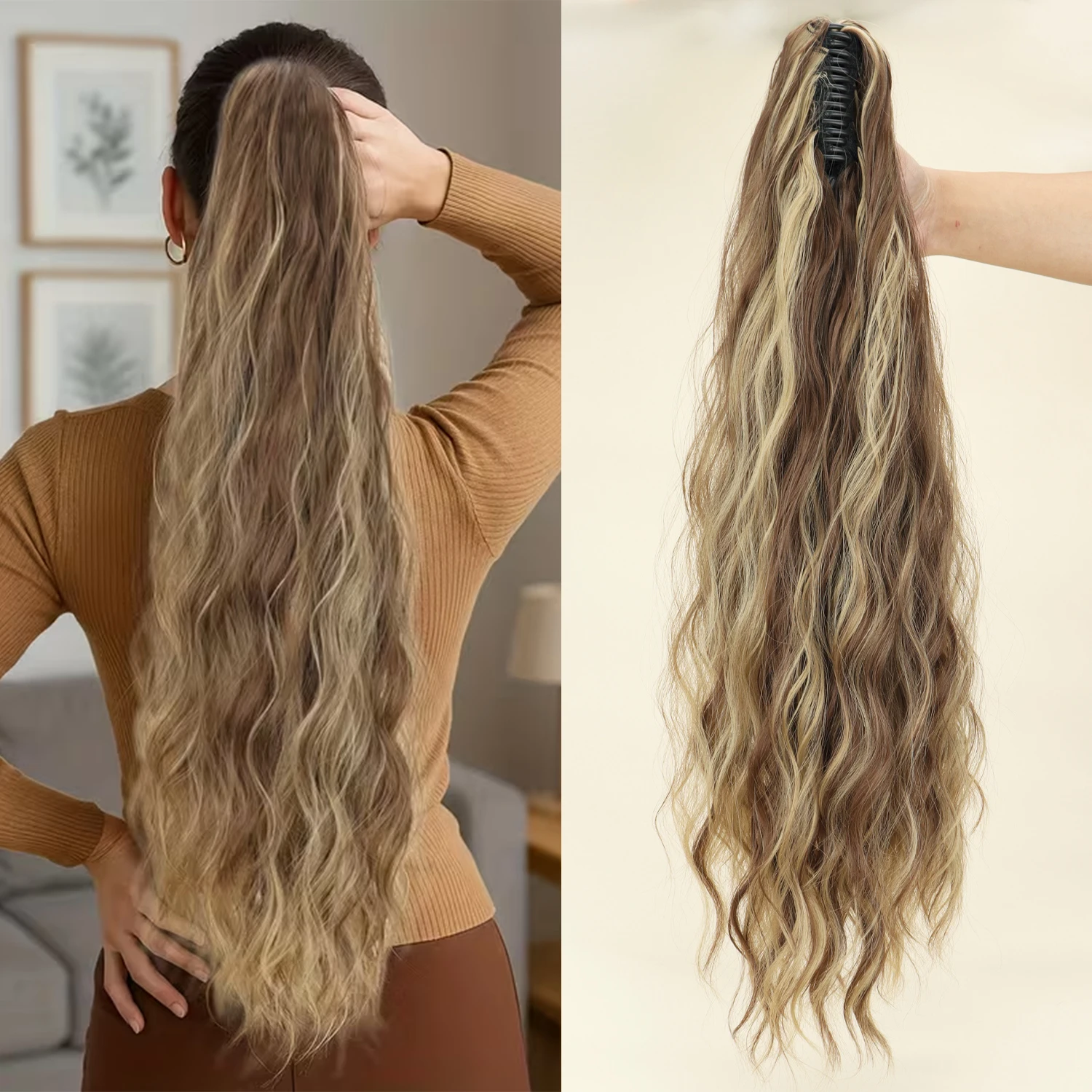 Synthetic Water Wave Claw Clip Ponytail Black Blonde Heat Resistant Fiber Fluffy Messy Ponytail Hair Extensions For Women