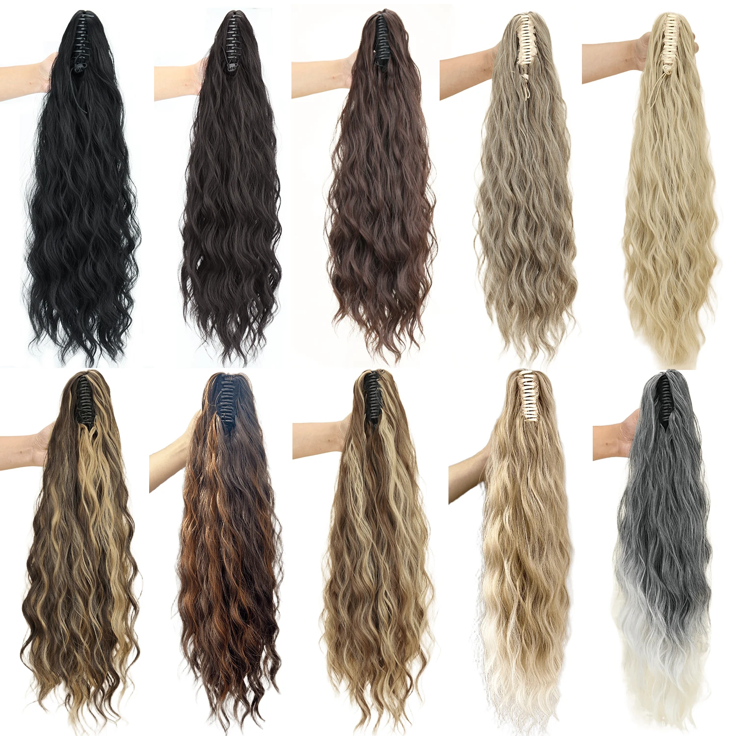 Synthetic Water Wave Claw Clip Ponytail Black Blonde Heat Resistant Fiber Fluffy Messy Ponytail Hair Extensions For Women