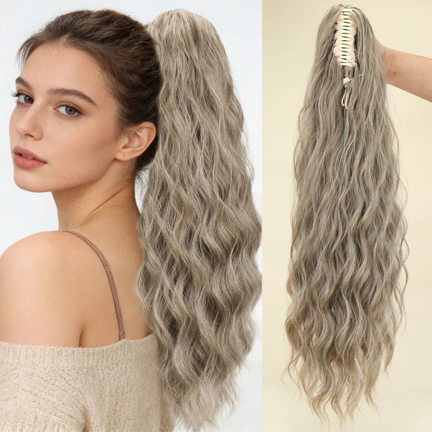 Synthetic Water Wave Claw Clip Ponytail Black Blonde Heat Resistant Fiber Fluffy Messy Ponytail Hair Extensions For Women