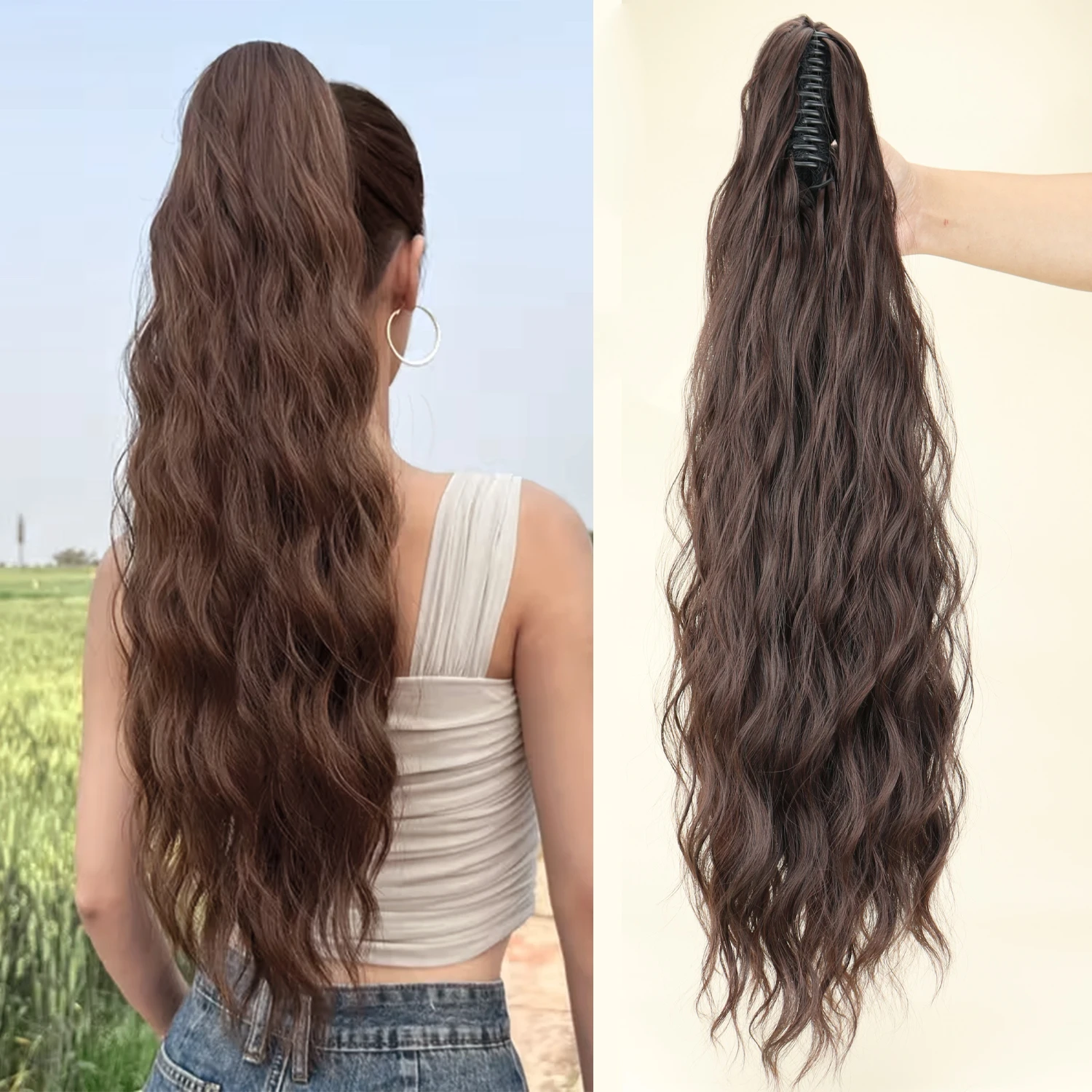 Synthetic Water Wave Claw Clip Ponytail Black Blonde Heat Resistant Fiber Fluffy Messy Ponytail Hair Extensions For Women