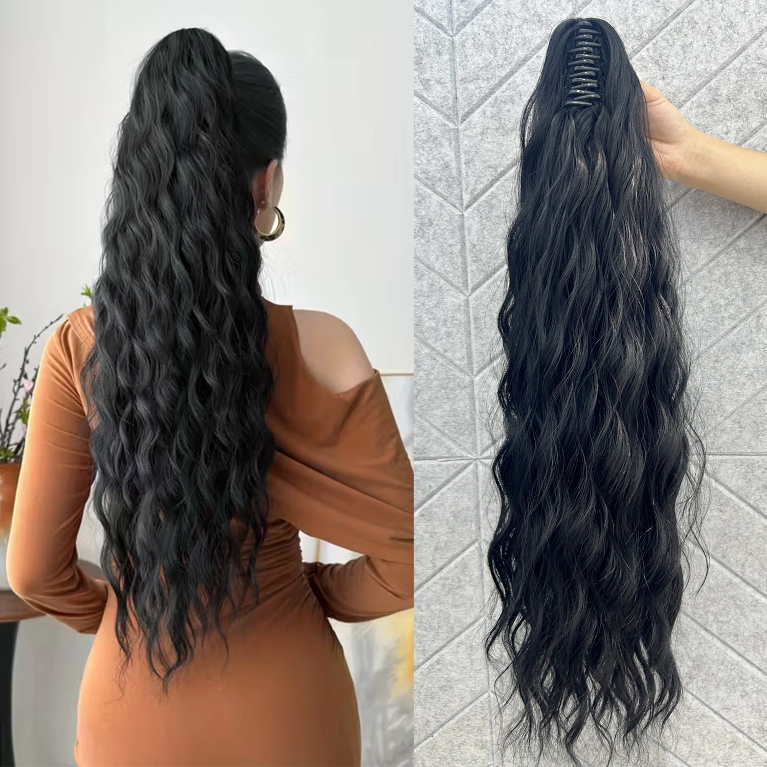 Synthetic Water Wave Claw Clip Ponytail Black Blonde Heat Resistant Fiber Fluffy Messy Ponytail Hair Extensions For Women
