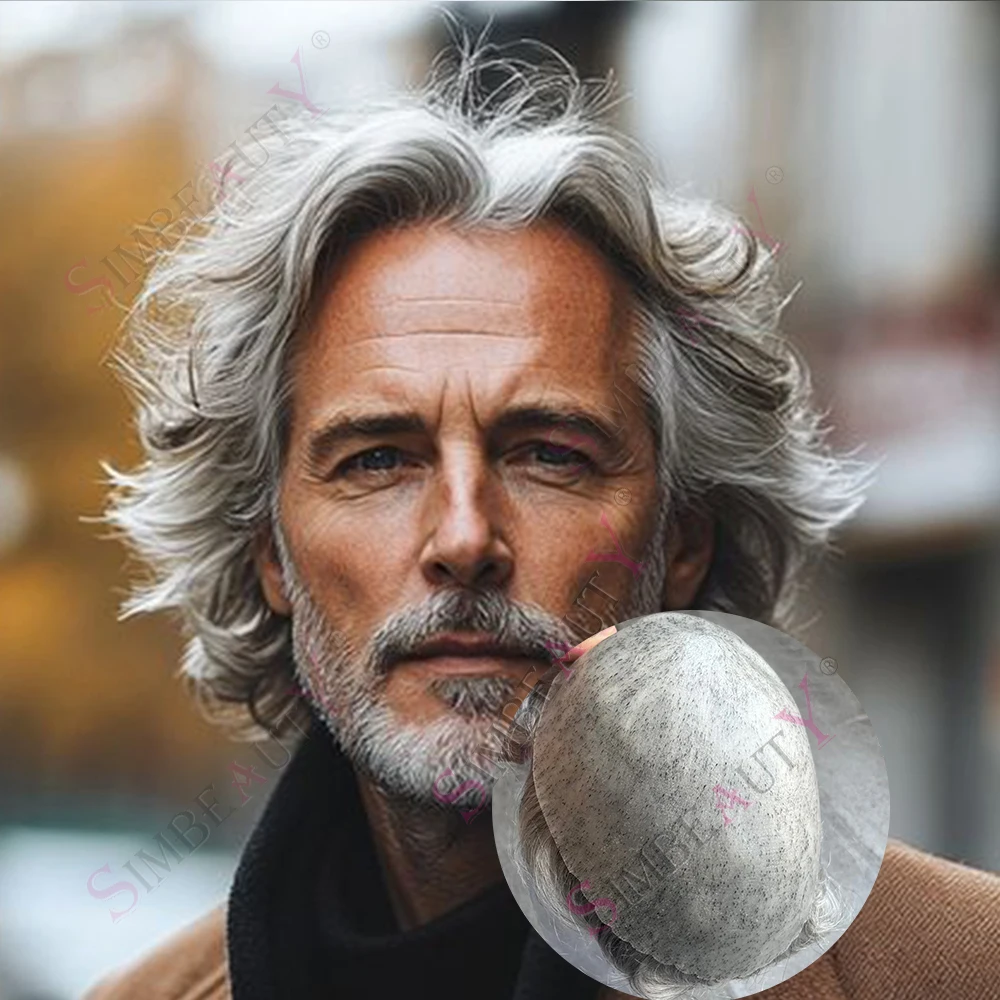 Undetectable 1b80 1b65 Gray Hair Man Toupee Human Hair Male Capillary Prosthesi System Natural Hairline Thin Skin Base Hairpiece