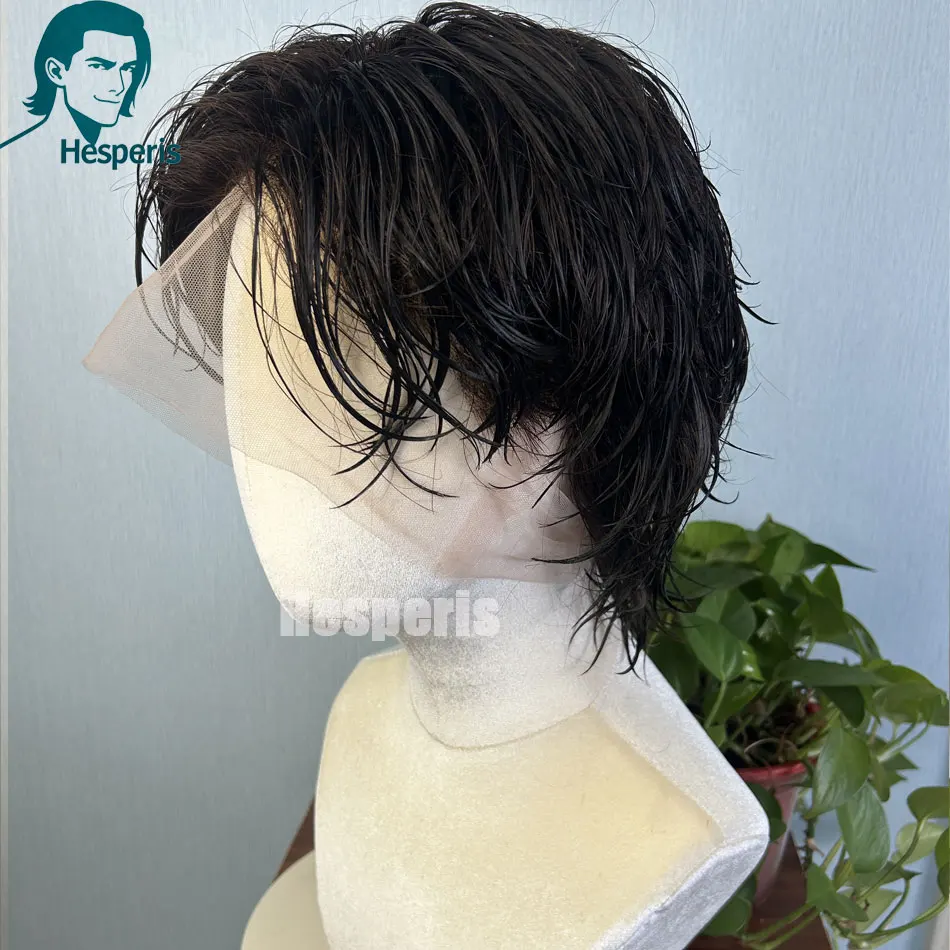 Hesperis Men's Wig Real Human Hair Pre Style Transparent Lace Male Wig Men's Glueless Full Lace Hair System Replacement Cut Wigs