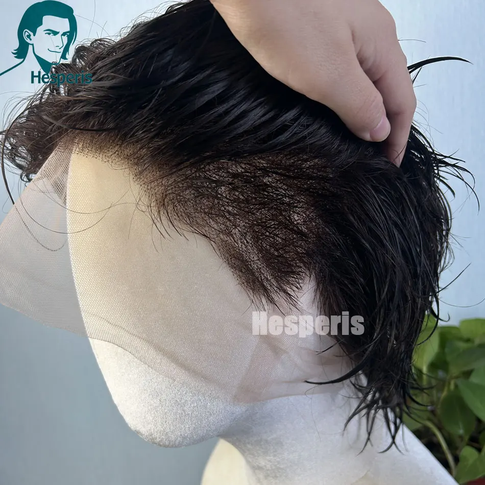 Hesperis Men's Wig Real Human Hair Pre Style Transparent Lace Male Wig Men's Glueless Full Lace Hair System Replacement Cut Wigs