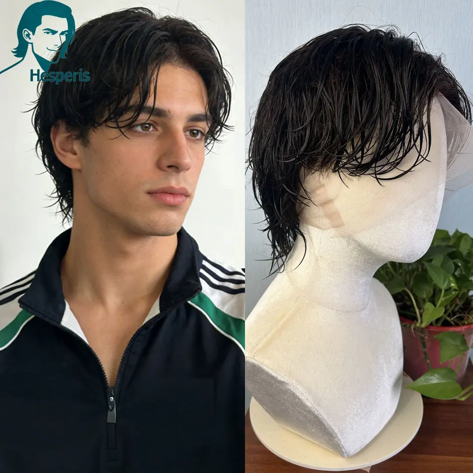 Hesperis Men's Wig Real Human Hair Pre Style Transparent Lace Male Wig Men's Glueless Full Lace Hair System Replacement Cut Wigs