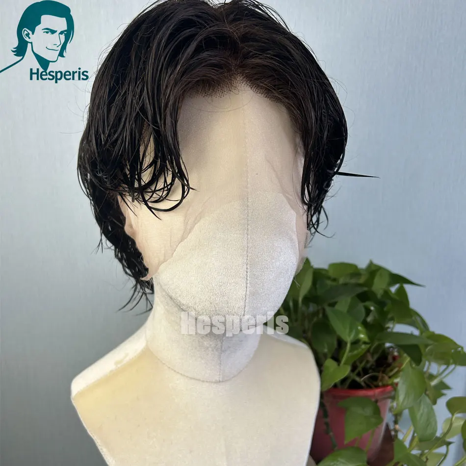 Hesperis Men's Wig Real Human Hair Pre Style Transparent Lace Male Wig Men's Glueless Full Lace Hair System Replacement Cut Wigs