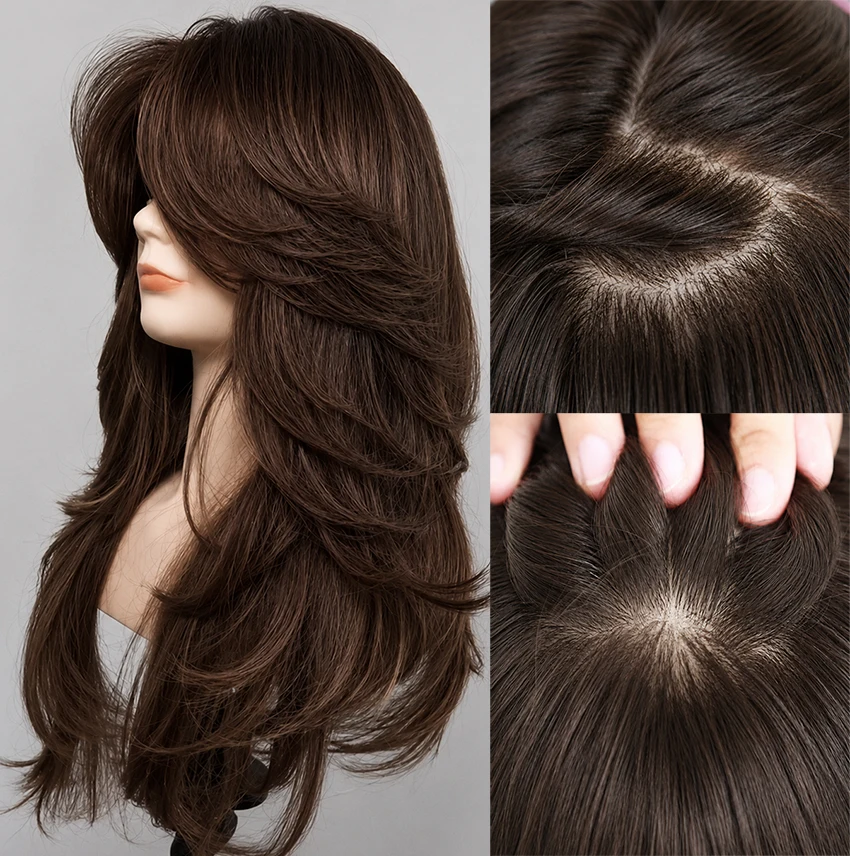2# Dark Chocolate Brown Natural Straight 100% Silk Base 100% Human Hair Wigs Peruvian Glueless #2 6x6 Silk Top Lace Frontal Wigs