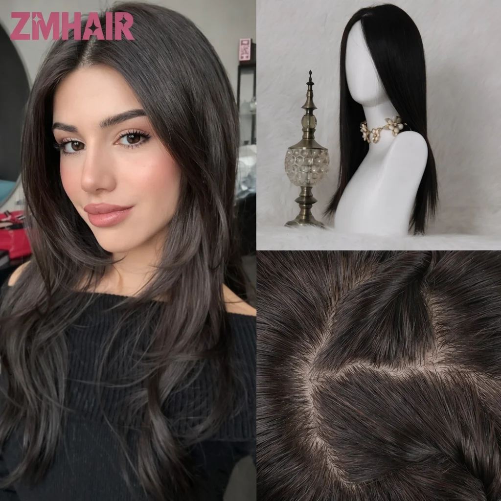 2# Dark Chocolate Brown Natural Straight 100% Silk Base 100% Human Hair Wigs Peruvian Glueless #2 6x6 Silk Top Lace Frontal Wigs
