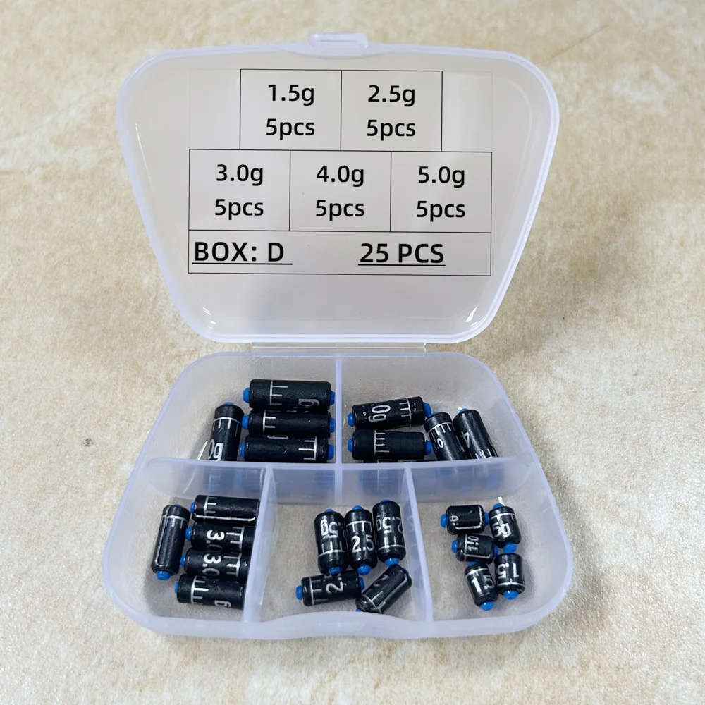 DNDYUJU 25-130pcs/box Lead Sinker Fishing Ruler Lead Set Quick Replace 1.5g-5.0g Weight Sinkers Fishing Accessories Tackle Pesca