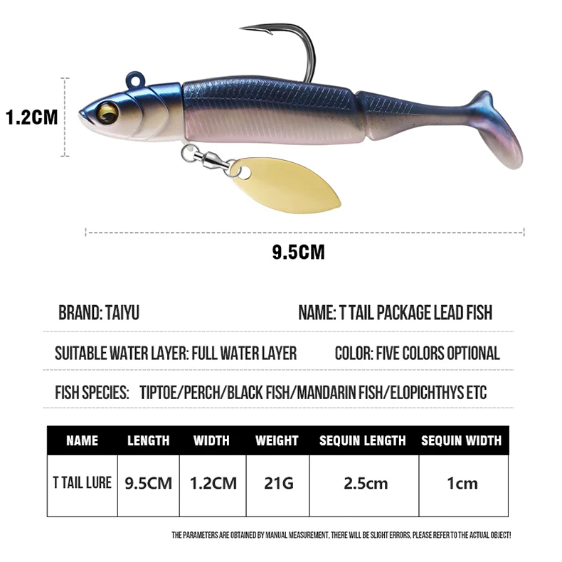 TAIYU Jig Head Soft Fishing Lures 21g T-tail Silicone Lure Wobblers Metal Spinner Spoon Bait For Pike Trout Bass Fishing Tackle