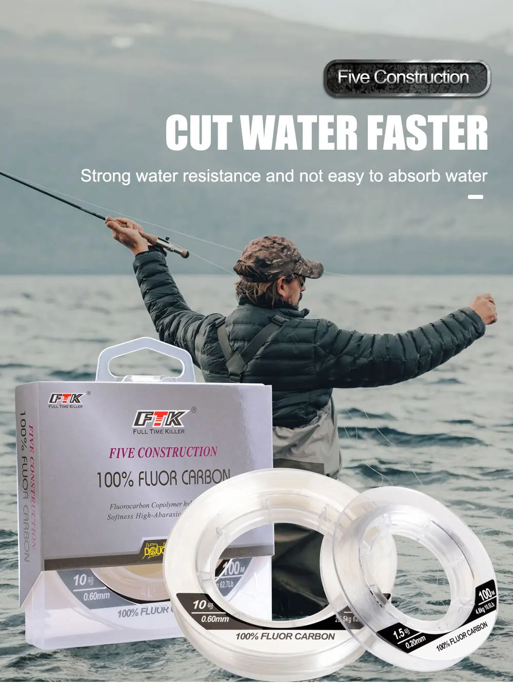 FTK Fishing Line 50M/100M 100% Fluorocarbon Fishing Lines 5.5-130.9LB Carbon Fiber Leader Fly Line Fast Sinking Carp Fishing