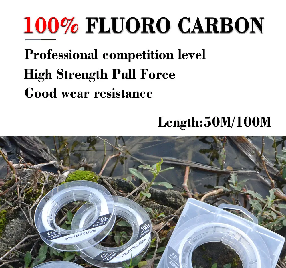 FTK Fishing Line 50M/100M 100% Fluorocarbon Fishing Lines 5.5-130.9LB Carbon Fiber Leader Fly Line Fast Sinking Carp Fishing