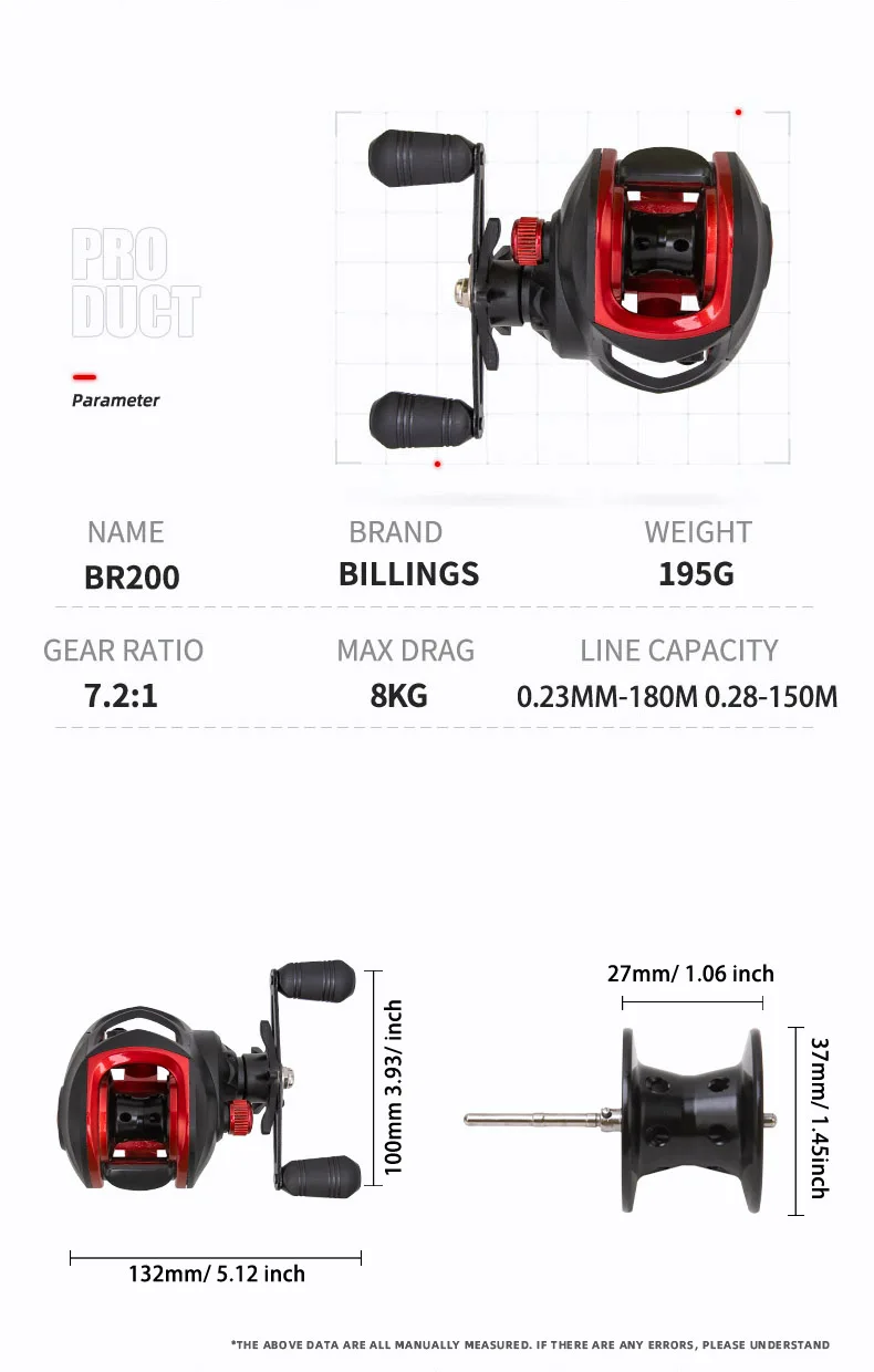BILLINGS Baitcasting Reel BR Series,7.2:1 Gear Ratio 18+1BB,18LB Max Drag,Shallow Spool,Baitcasting Reel,For Freshwater Saltwate
