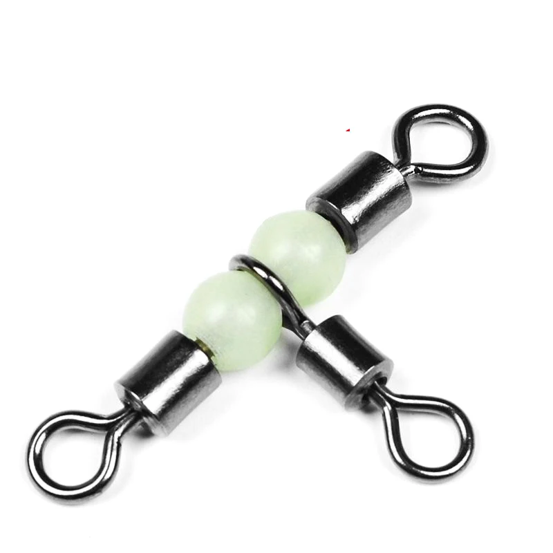 10/50pcs Stainless Steel T-Turn 3 Way Fishing Connector Rolling Swivel Fishing Tackle Connector Luminous Beads Attract Fish