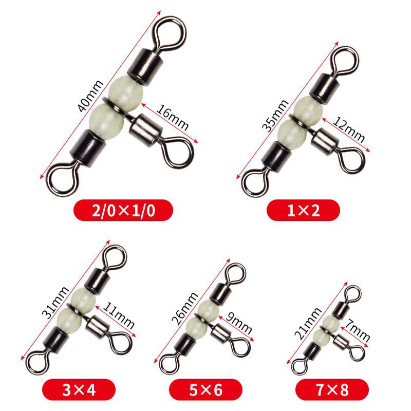 10/50pcs Stainless Steel T-Turn 3 Way Fishing Connector Rolling Swivel Fishing Tackle Connector Luminous Beads Attract Fish