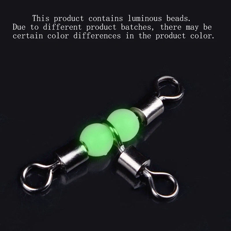 10/50pcs Stainless Steel T-Turn 3 Way Fishing Connector Rolling Swivel Fishing Tackle Connector Luminous Beads Attract Fish
