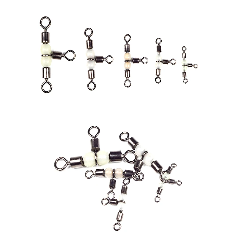 10/50pcs Stainless Steel T-Turn 3 Way Fishing Connector Rolling Swivel Fishing Tackle Connector Luminous Beads Attract Fish