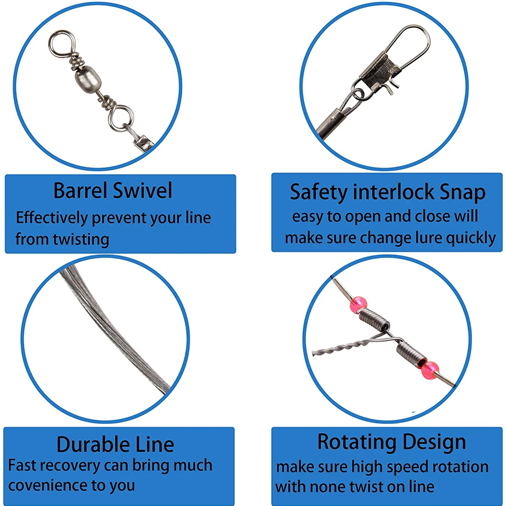 12Pcs Stainless Steel Fishing Wire Leader Rigs with Swivel Snap Connector Bait Fishing Trace Lure Steel Wire Fishing Tackle Tool