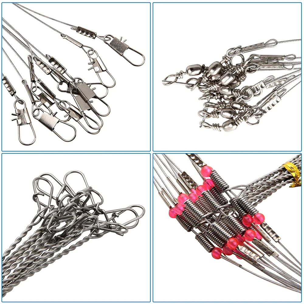 12Pcs Stainless Steel Fishing Wire Leader Rigs with Swivel Snap Connector Bait Fishing Trace Lure Steel Wire Fishing Tackle Tool