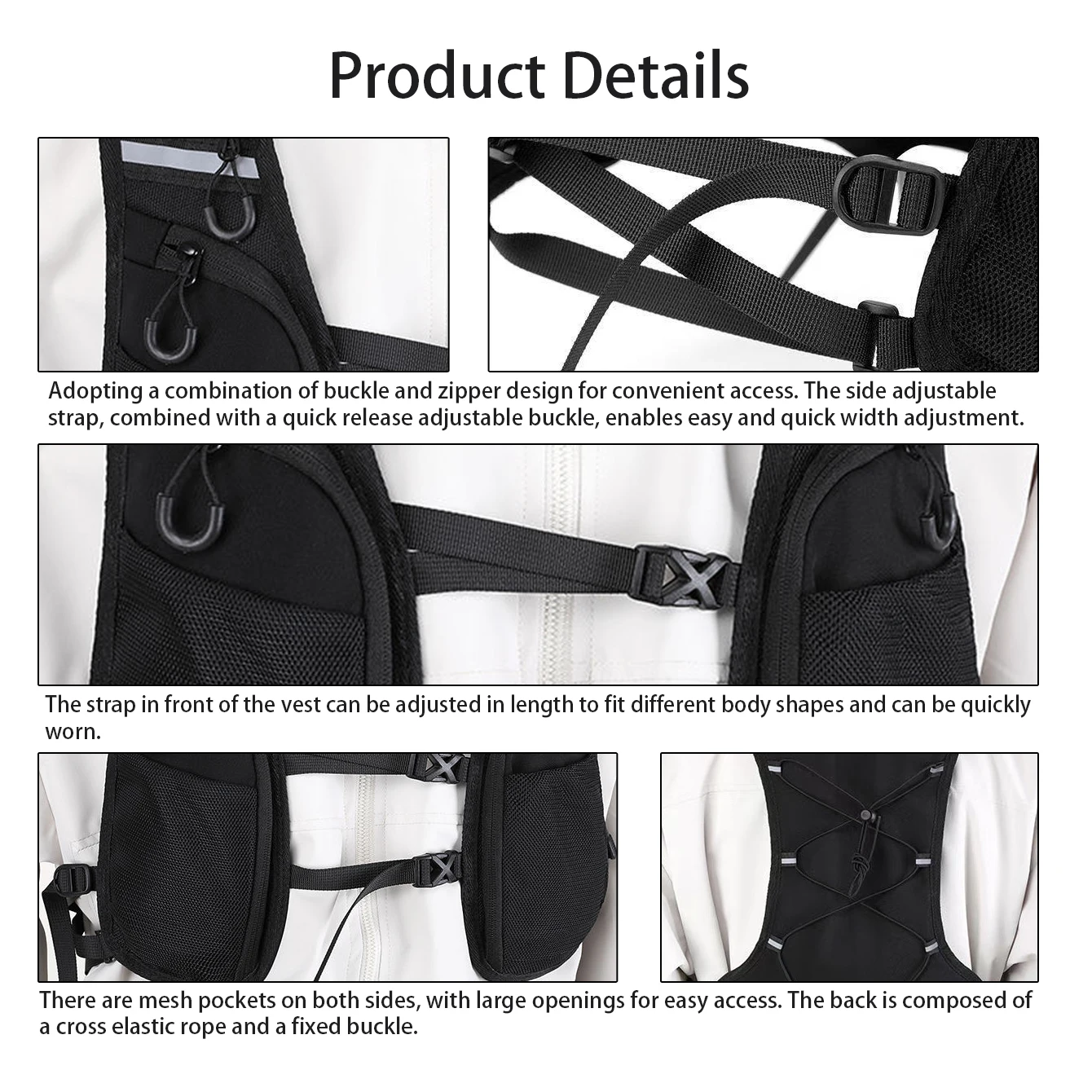 Black jacket vest with multiple pockets, quick release buckle for adjustable waist, outdoor sports reflective tape