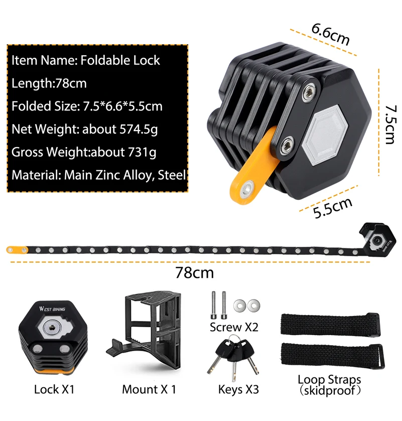 WEST BIKING Bike Folding Lock Portable Alloy Steel Anti-theft Safety Lock Motorcycle E-bike Lock MTB Road Bike Accessories