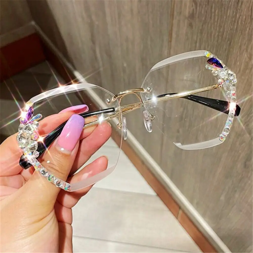 Vintage Cutting Lens UV400 Women Sun Glasses Gradient Rimless Sunglasses Rhinestone Sunglasses