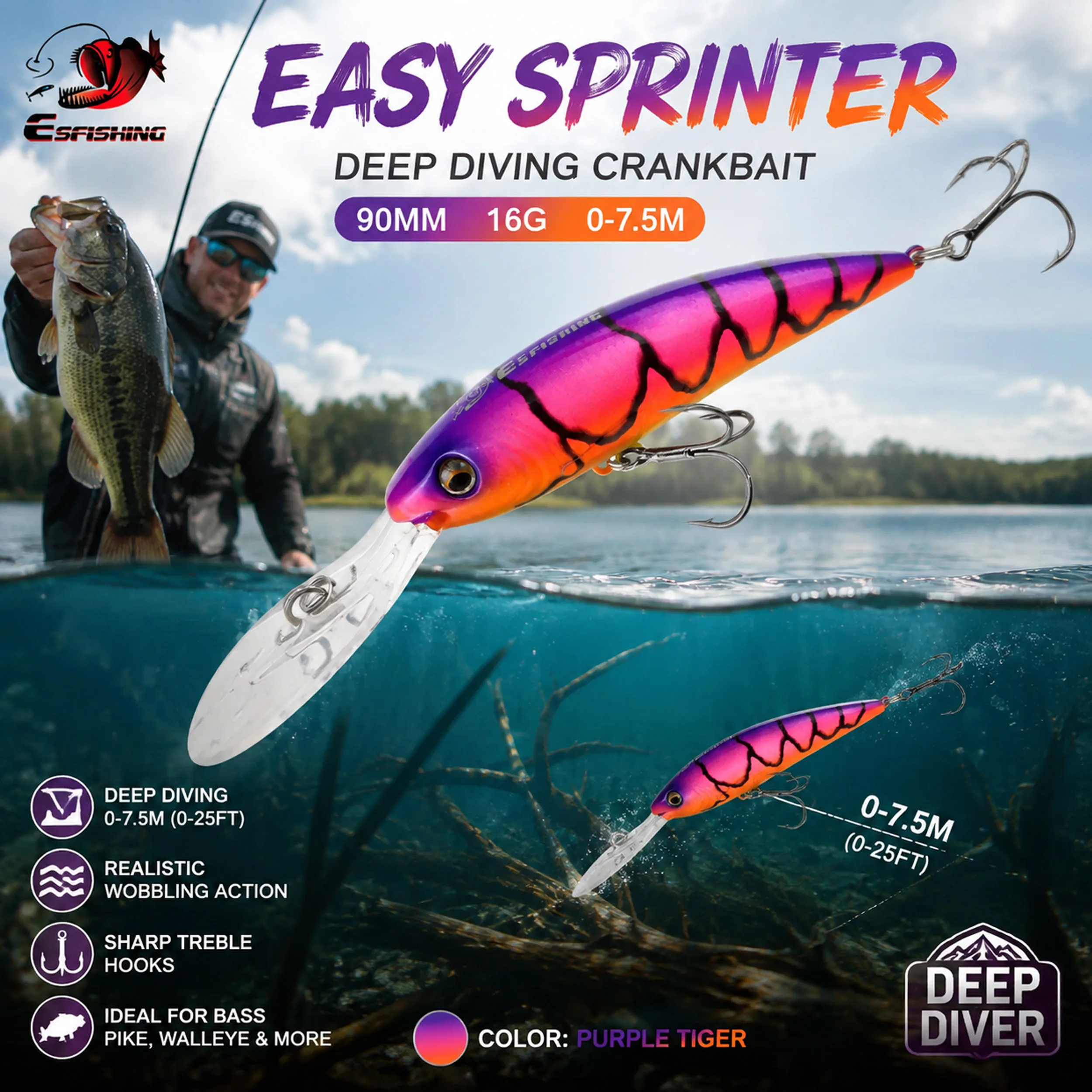 ESFISHING Fishing Lures Wobbler Fo Pike Fishing Baits 90mm 16g Easy Sprinter Floating Minnow