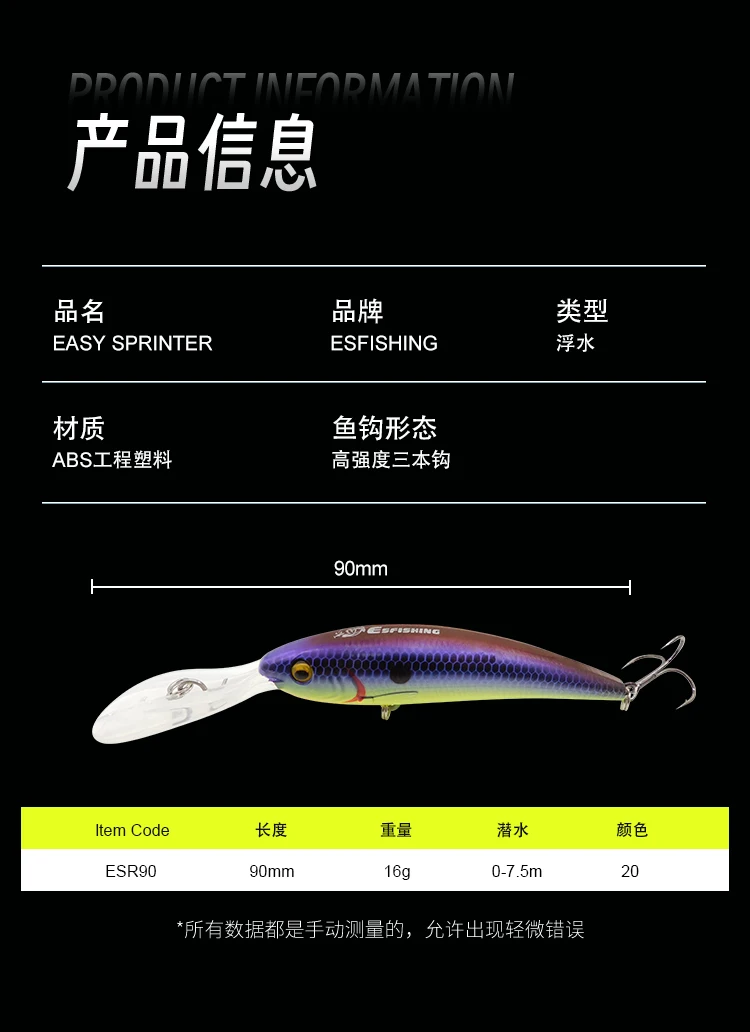 ESFISHING Fishing Lures Wobbler Fo Pike Fishing Baits 90mm 16g Easy Sprinter Floating Minnow