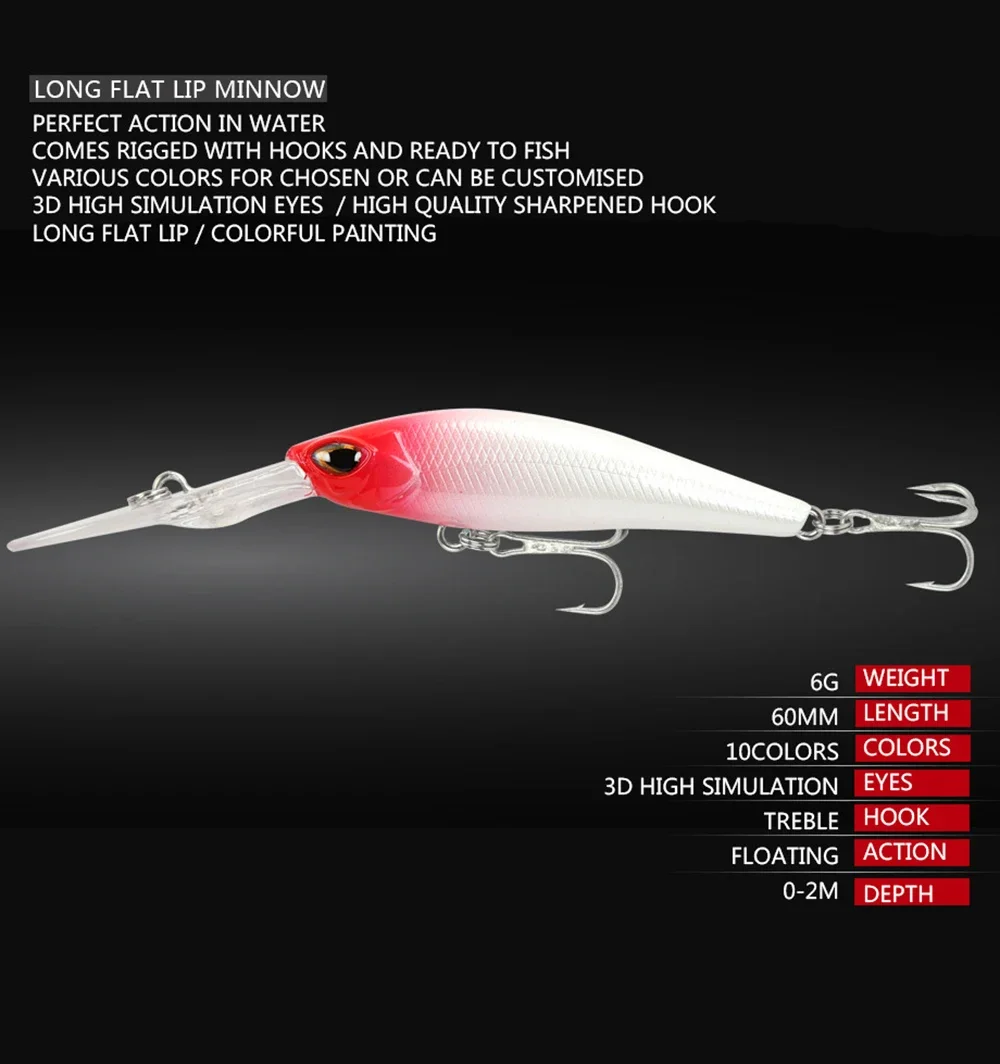 Fishing Lure Long Lip Minnow Wobbler Lure 6cm 6g Deep Diving Floating Jerkbait Swimbait Artificial Hard Bait Trout Bass Bait