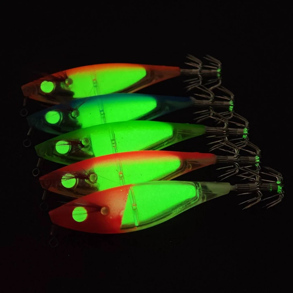 Ackibbik 5pcs/set Glow Squid Jig Lure Saltwater Octopus Lures Squid Jigs Shrimp Fishing Lure Cuttlefishg Fishing Accessories