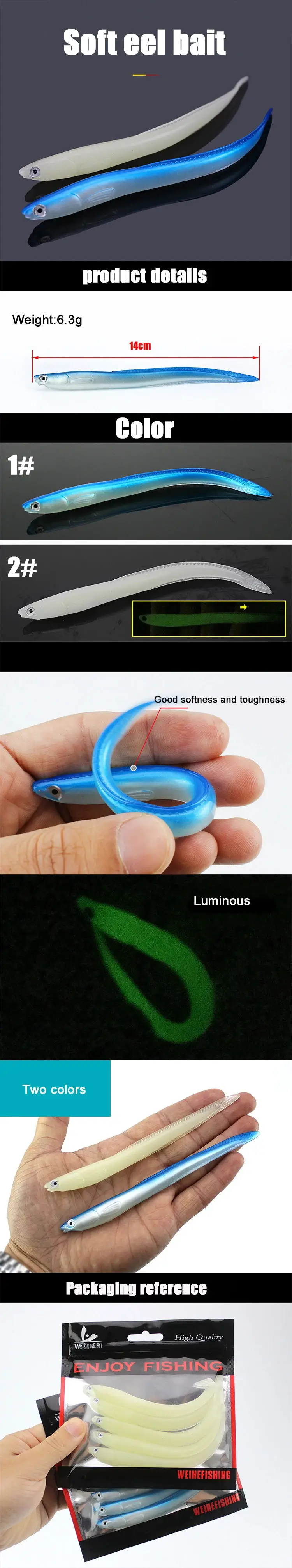 WEIHE 5pcs 14cm 6.3g Soft Fishing Lure Seabass Artificial Bait Electric Eel Shad Eel Needfish Fishing Tackle