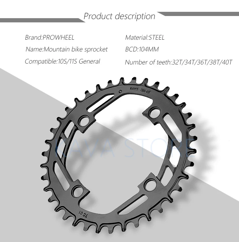 Prowheel Mountain Bike Round Sprocket 104BCD-32T 34T 36T 38T 40T Steel Plate Bike Chainring Compatible: 1X7/8/9/10/11/12 Speed