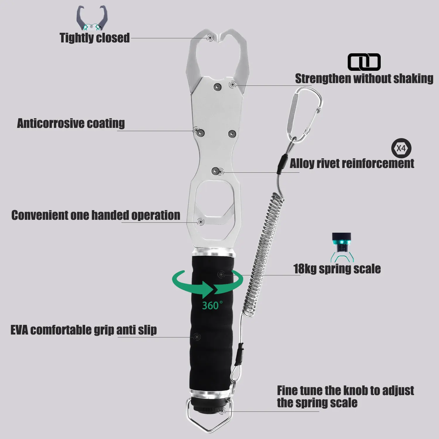 SAMOLLA Aluminum Alloy New Fishing Grip Pliers Accessories 18kg Spring scale 360 ° rotation Adjustable Grabber Tool Seawater