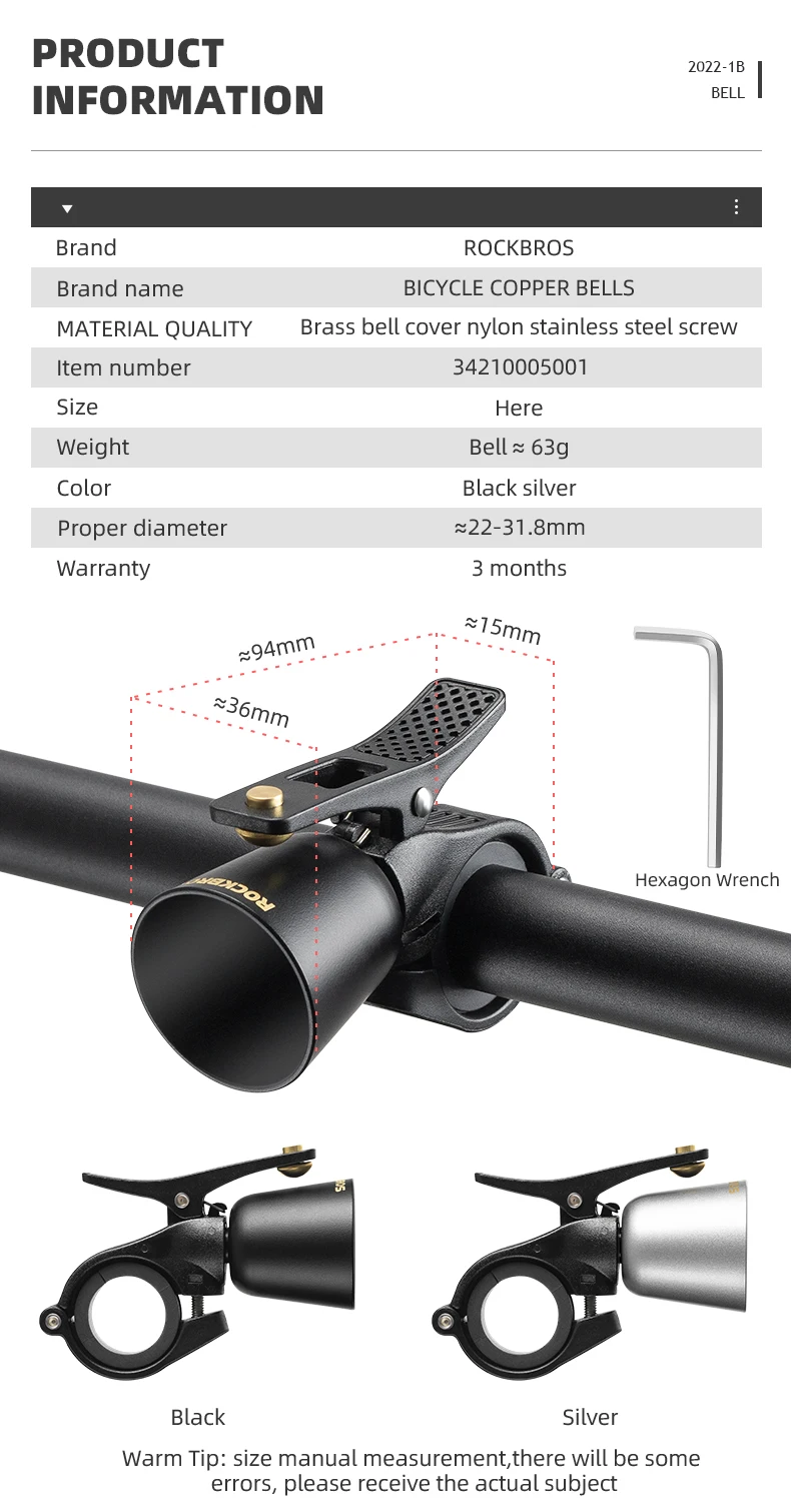 ROCKBROS Bicycle Bell MTB Mountain Road Bike Horn Bell Copper Warning High Decibel Clear Ring Bell Cycling Retro Crisp Bell
