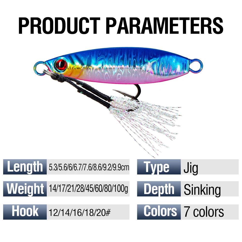 7Pcs Metal Jig Fishing Lure 14-100g Sinking Lure Bait Casting Lure with Assist Hooks for Sea Fishing