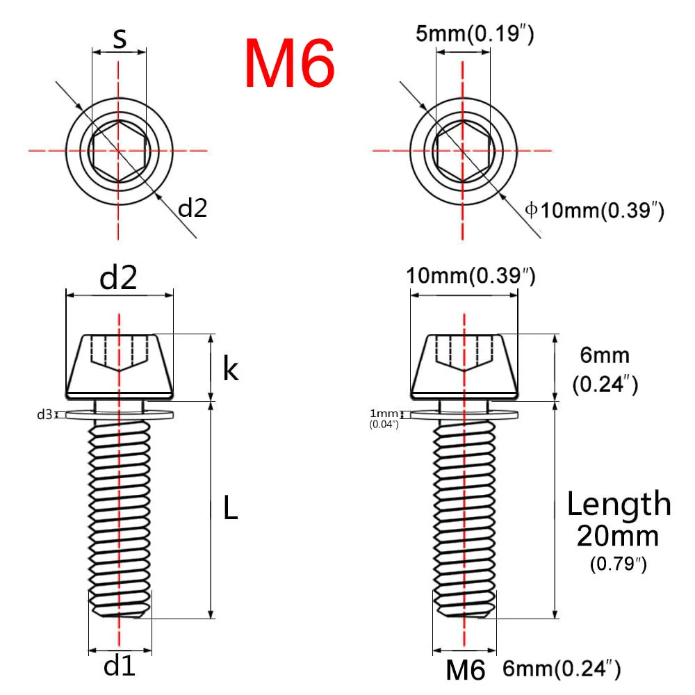 6PCS Bolt M5/M6 X 20mm Bicycle Handlebar Stem Screw With Washer For MTB Road Bike