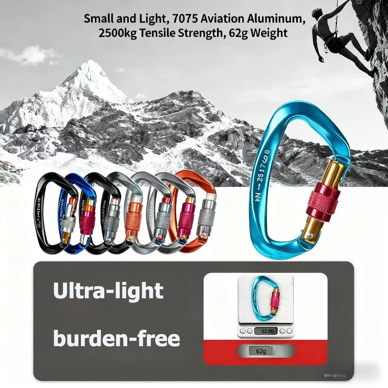 Outdoor Professional Rock Climbing Accessories Aluminum Carabiner 25kN Lock D-Shape Safety Buckle For Keys Tools Equipment
